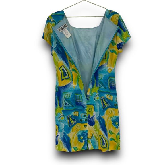 90s Vintage Jessica Howard Blue Yellow Abstract Floral Print Dress 8 Made in USA - Picture 6 of 7